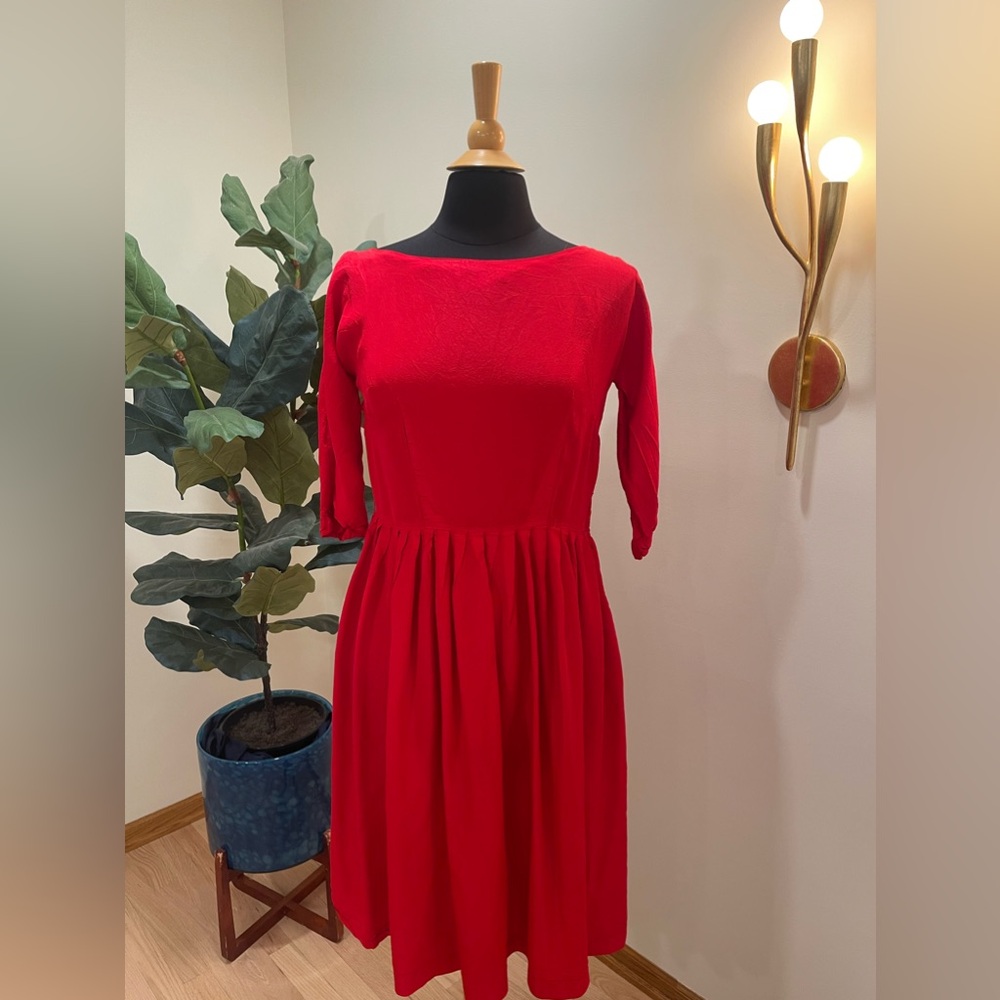 Vintage handmade 1950s bright red full skirt pleated boatneck crepe dress.